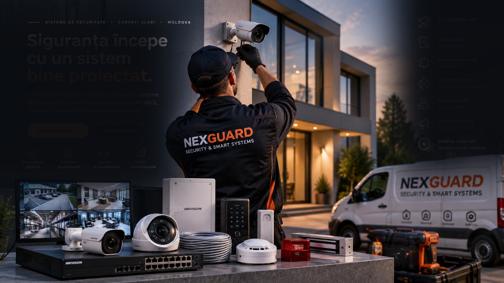 Tehnician NEXGUARD instalând un sistem de supraveghere video